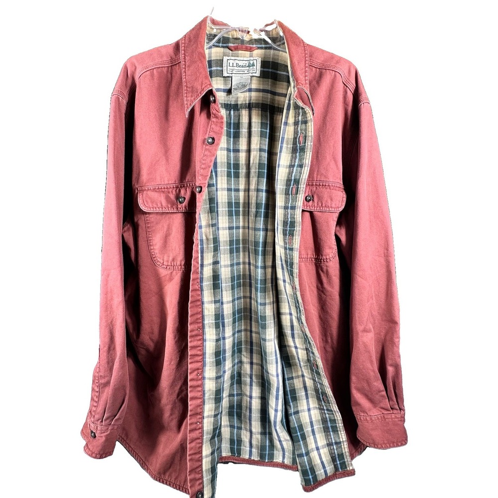 LL Bean Hurricane Shirt Mens XL Red Canvas Flannel Lined Button Up Shacket